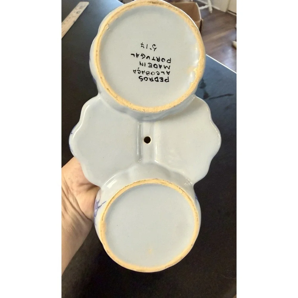 Vintage Pedros Alcobaça Portugal Blue White Cruet Set Oil Vinegar Caddy